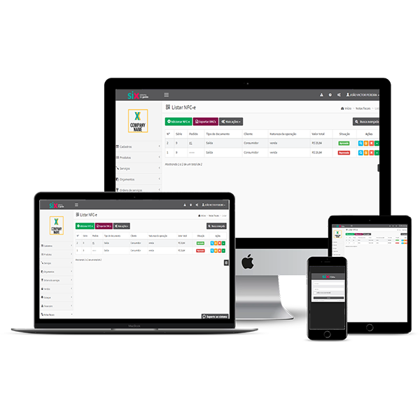Tela do sistema SIX Gestão em vários dispositivos